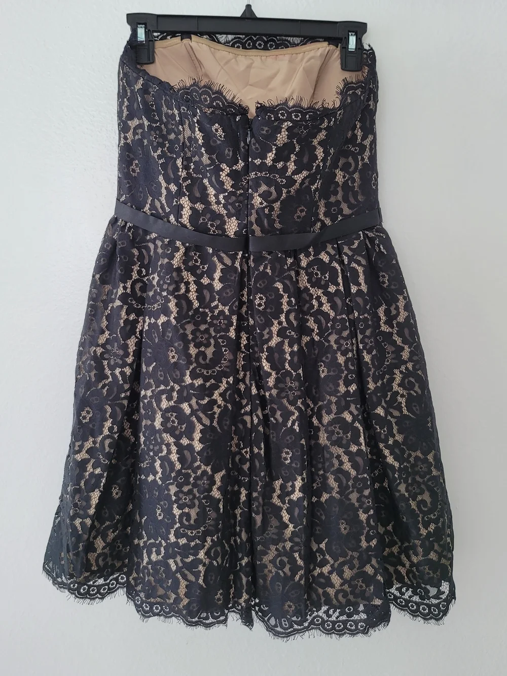Strapless Black Lace Dress with Cream Lining and Satin Waist Bow Size 6